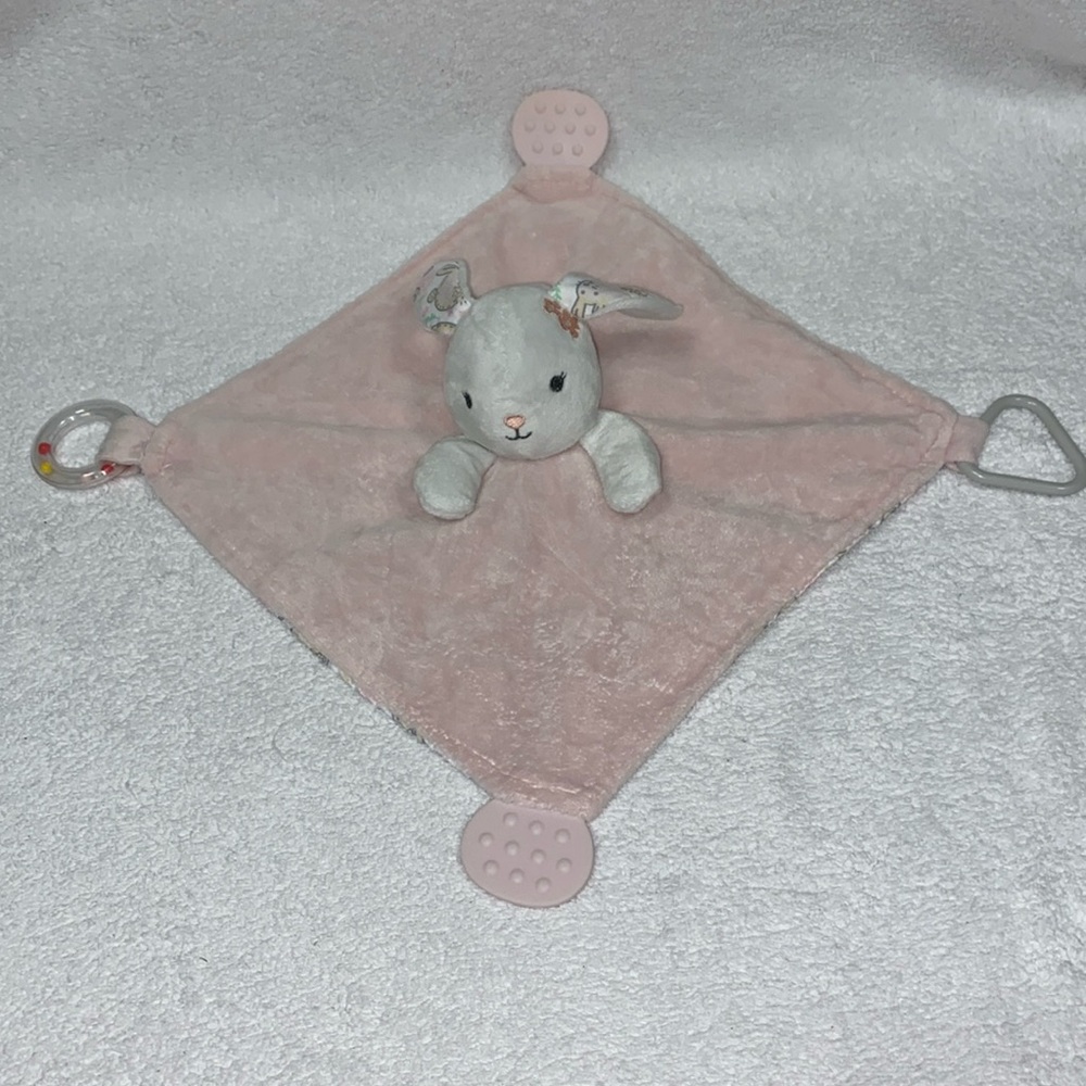 Modern baby bunny rabbit lovey security blanket rattle tether toy